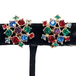 Vintage Coro Fruit Salad Earrings Multi-Color Rhinestones Goldtone ScrewBack MCM